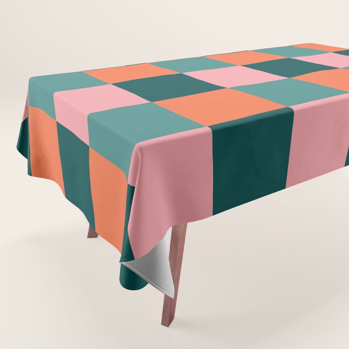 Retro Teal Green and Orange Checkerboard Tablecloth Gallery Image 1