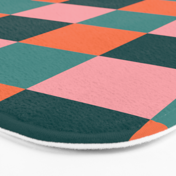 Retro Teal Green and Orange Checkerboard Bath Mat Gallery Image 3