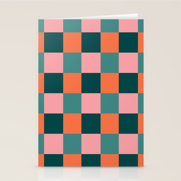 Retro Teal Green and Orange Checkerboard Stationery Card Gallery Image 2