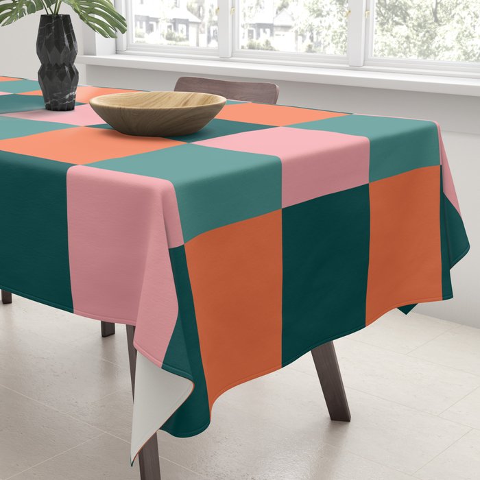 Retro Teal Green and Orange Checkerboard Tablecloth Gallery Image 3