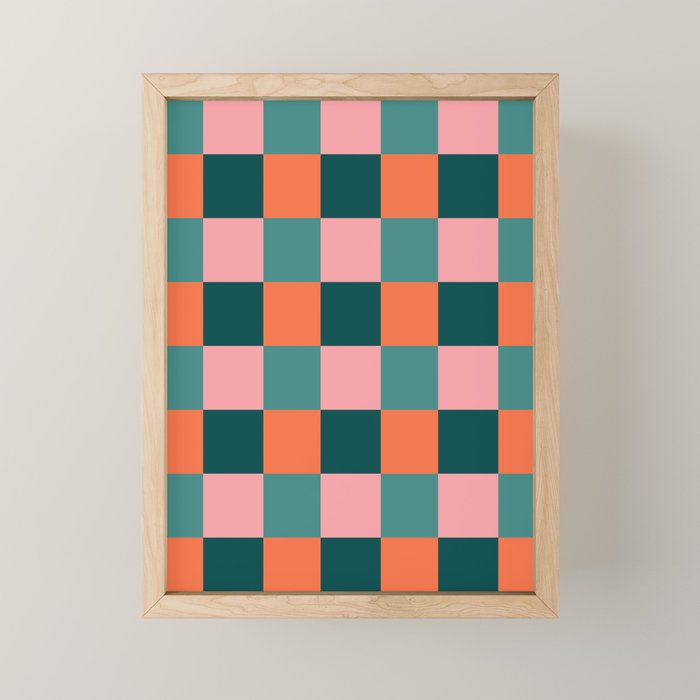 Retro Teal Green and Orange Checkerboard Mini Art Print Gallery Image 1