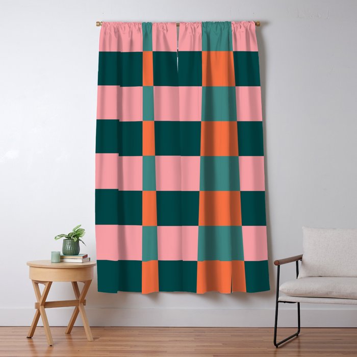 Retro Teal Green and Orange Checkerboard Window Curtain Gallery Image 5