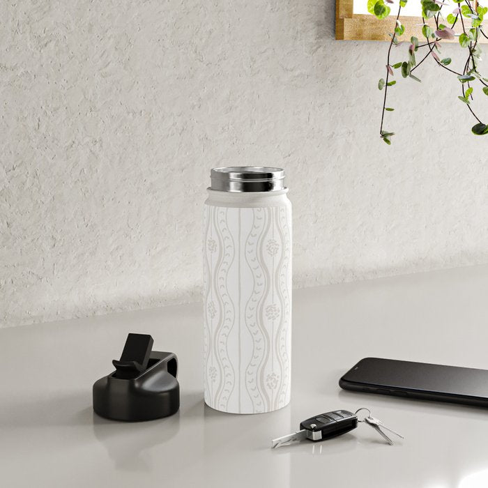 Wavy lines and tiny blooms - natural soft beige mushroom tones pattern Water Bottle Gallery Image 4