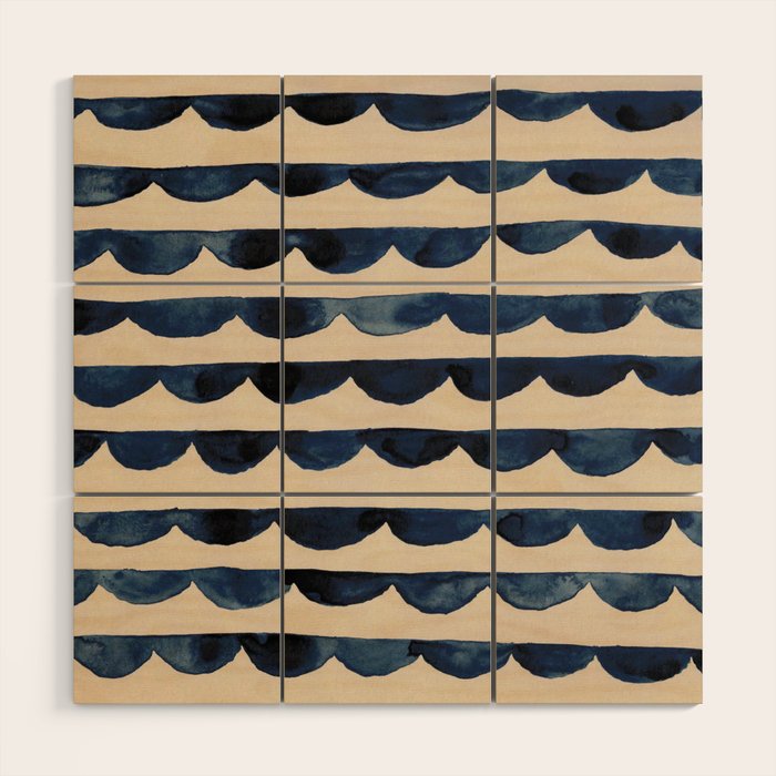 Thin Scalloped Line in indigo watercolor blue Wood Wall Art