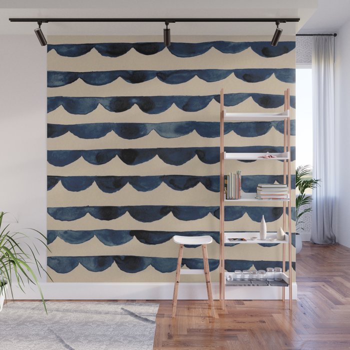 Thin Scalloped Line in indigo watercolor blue Wall Mural Gallery Image 1