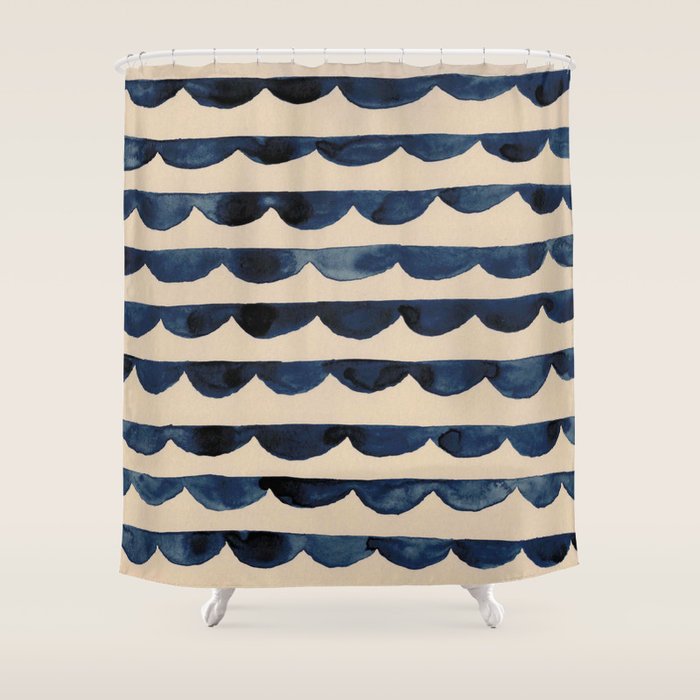 Thin Scalloped Line in indigo watercolor blue Shower Curtain Gallery Image 1