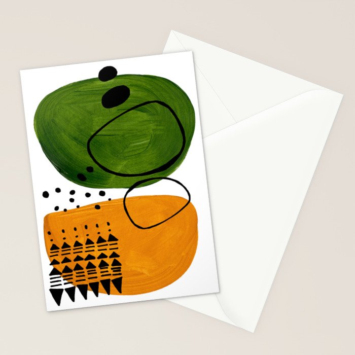 Modern Mid Century Fun Colorful Abstract Minimalist Painting Olive Green Yellow Ochre Buns Stationery Card Gallery Image 2