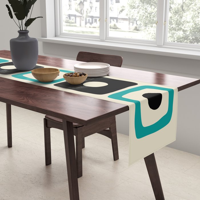 Mid Century Modern Square Dot Pattern 593 Black and Turquoise Table Runner Gallery Image 2