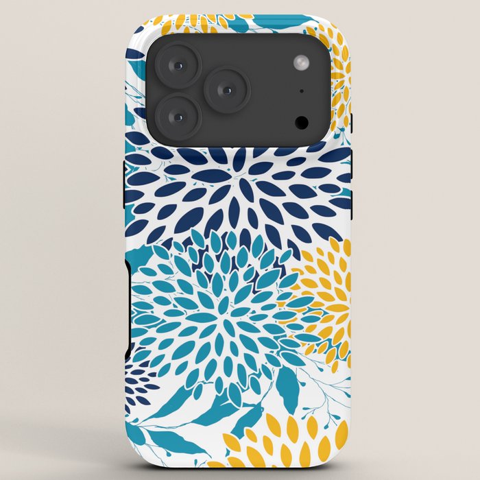 Floral Blooms and Leaves, Navy, Teal Blue, Yellow iPhone Case Gallery Image 7
