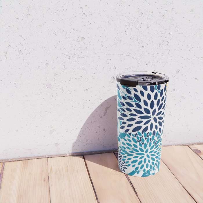 Floral Blooms and Leaves, Navy, Teal Blue, Yellow Travel Mug Gallery Image 4