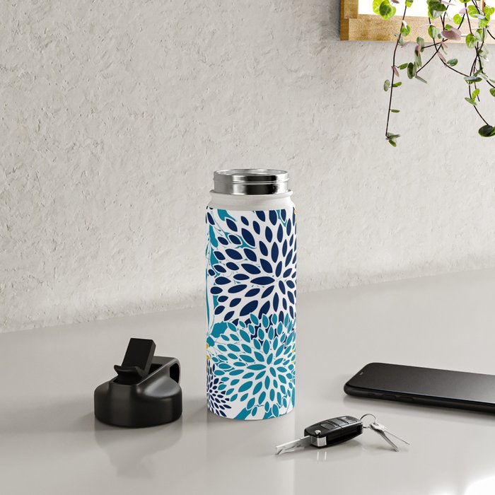 Floral Blooms and Leaves, Navy, Teal Blue, Yellow Water Bottle Gallery Image 4