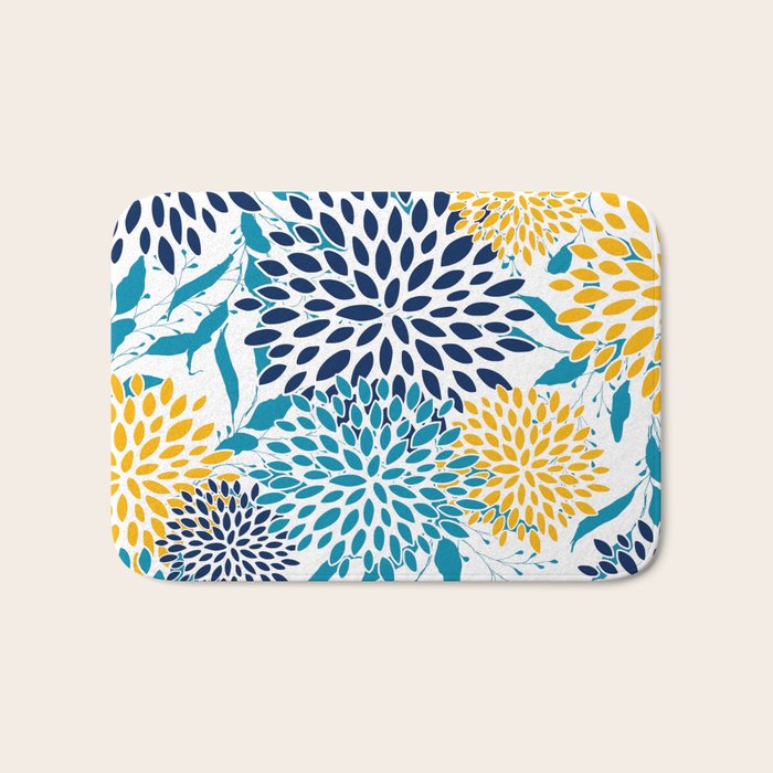 Floral Blooms and Leaves, Navy, Teal Blue, Yellow Bath Mat Gallery Image 1