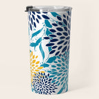 Floral Blooms and Leaves, Navy, Teal Blue, Yellow Travel Mug Gallery Image 3