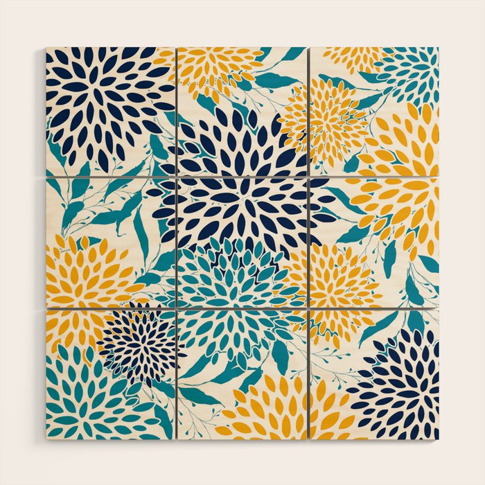Floral Blooms and Leaves, Navy, Teal Blue, Yellow Wood Wall Art Gallery Image 1