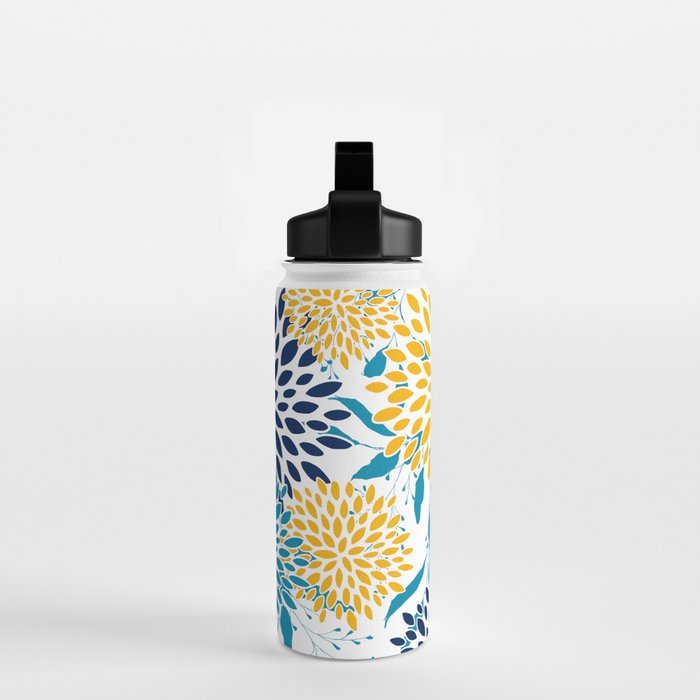 Floral Blooms and Leaves, Navy, Teal Blue, Yellow Water Bottle Gallery Image 2