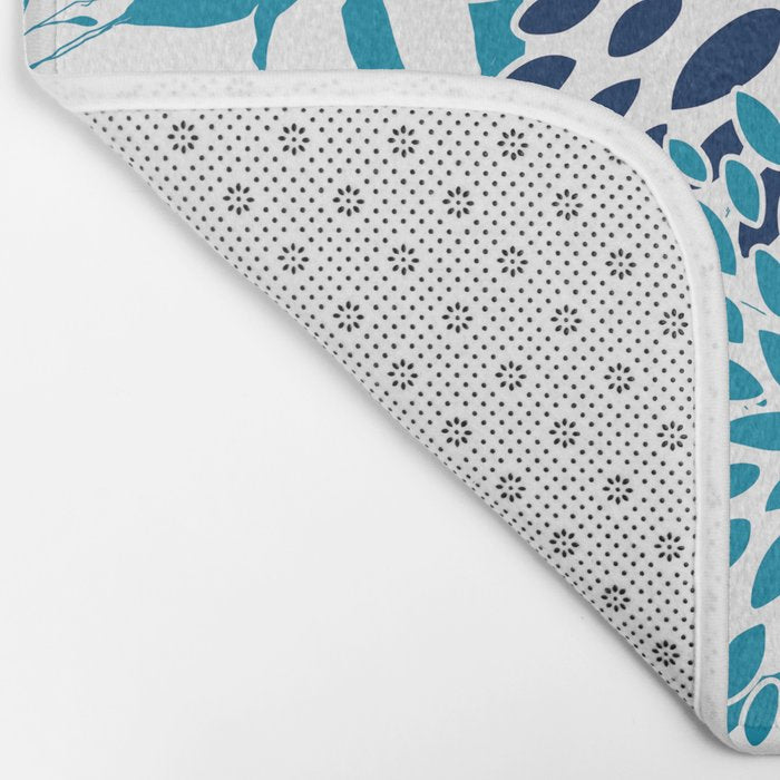 Floral Blooms and Leaves, Navy, Teal Blue, Yellow Bath Mat Gallery Image 2