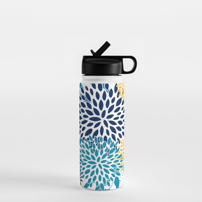 Floral Blooms and Leaves, Navy, Teal Blue, Yellow Water Bottle Gallery Image 1