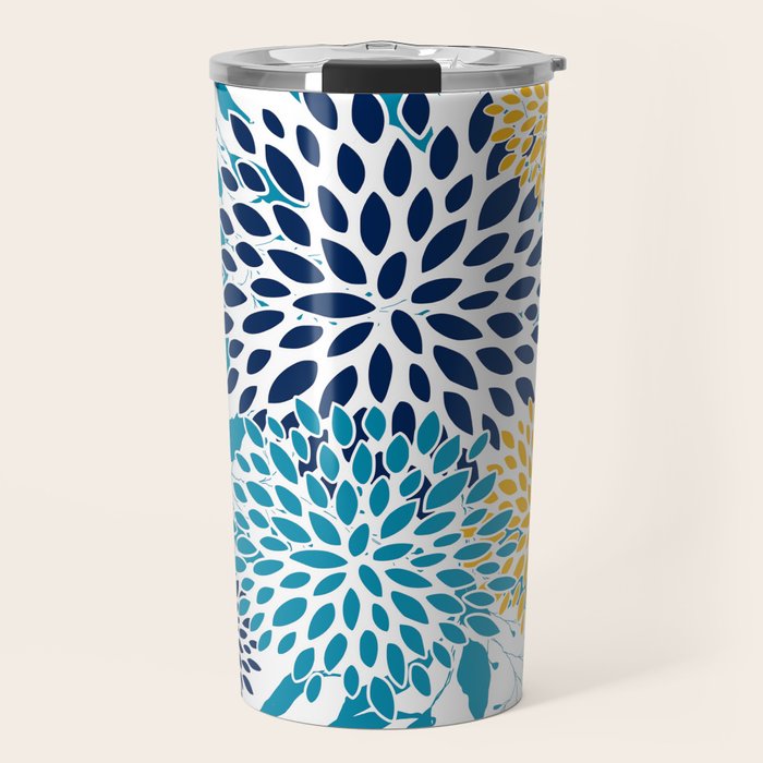 Floral Blooms and Leaves, Navy, Teal Blue, Yellow Travel Mug Gallery Image 1