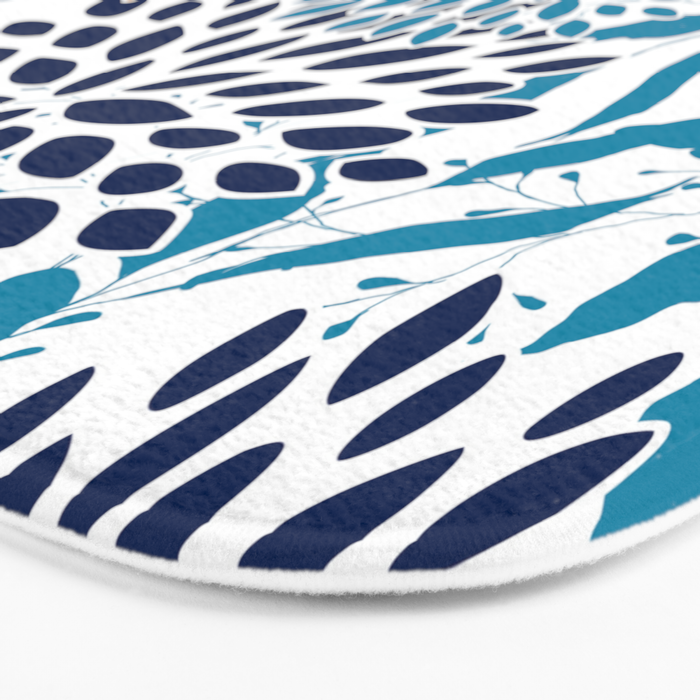 Floral Blooms and Leaves, Navy, Teal Blue, Yellow Bath Mat Gallery Image 3