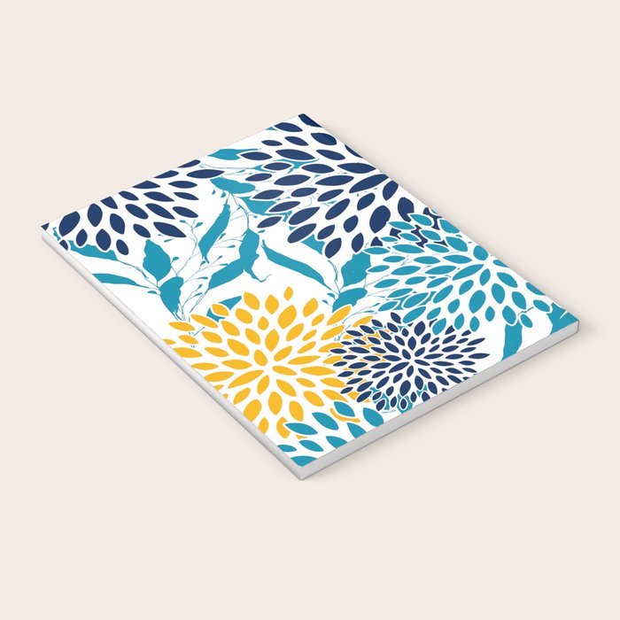 Floral Blooms and Leaves, Navy, Teal Blue, Yellow Notebook Gallery Image 3