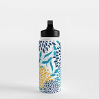 Floral Blooms and Leaves, Navy, Teal Blue, Yellow Water Bottle Gallery Image 3