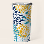 Floral Blooms and Leaves, Navy, Teal Blue, Yellow Travel Mug Gallery Image 2