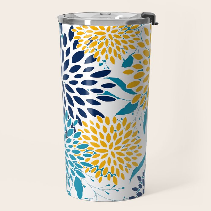 Floral Blooms and Leaves, Navy, Teal Blue, Yellow Travel Mug Gallery Image 2
