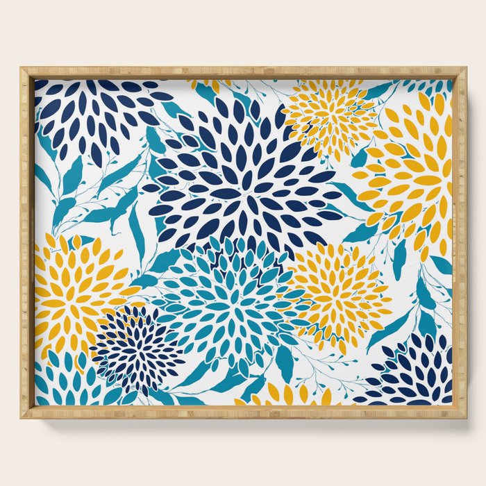 Floral Blooms and Leaves, Navy, Teal Blue, Yellow Serving Tray Gallery Image 1