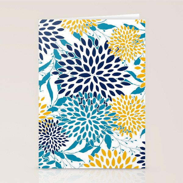 Floral Blooms and Leaves, Navy, Teal Blue, Yellow Stationery Card Gallery Image 2