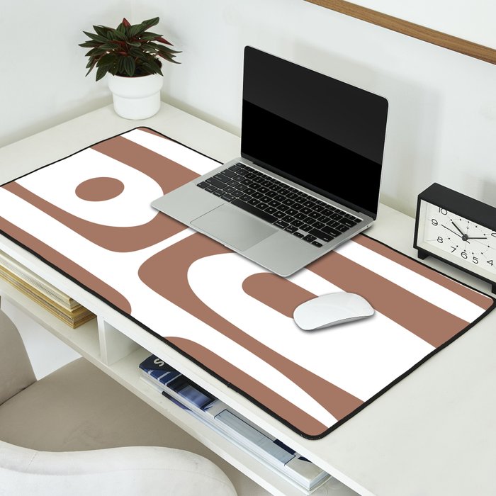 Mid Century Modern Abstract Piquet Pattern in Mocha Brown and White Desk Mat Gallery Image 2