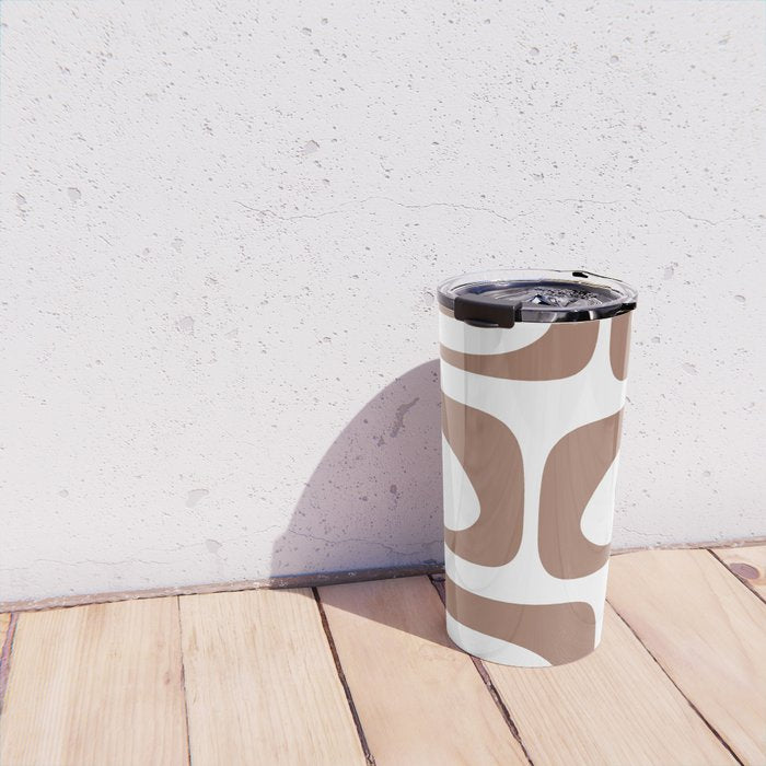 Mid Century Modern Abstract Piquet Pattern in Mocha Brown and White Travel Mug Gallery Image 4