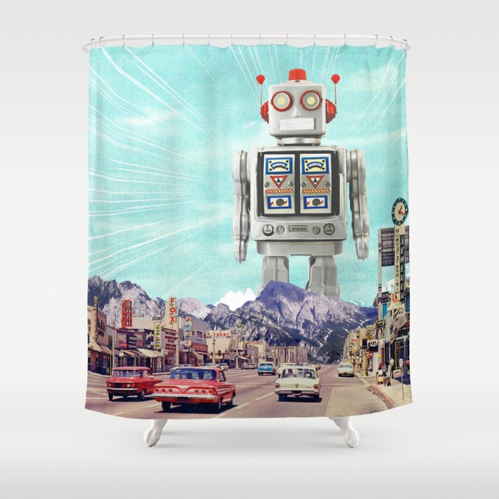 Robot in Town Shower Curtain Gallery Image 1
