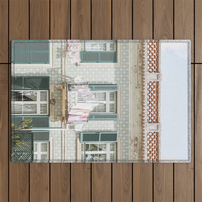 Laundry Day in Sintra | Tiled House in Portugal Art print | Street Travel Photography in Soft Pastel Colors Outdoor Rug Gallery Image 1