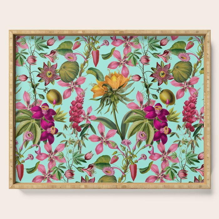 Tropical Bloom Serenade Exotic Floral Pattern Vintage Botanical Vibes Turquoise Serving Tray Gallery Image 1