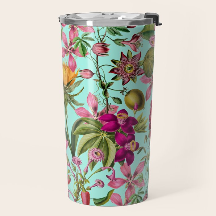 Tropical Bloom Serenade Exotic Floral Pattern Vintage Botanical Vibes Turquoise Travel Mug Gallery Image 2