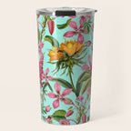 Tropical Bloom Serenade Exotic Floral Pattern Vintage Botanical Vibes Turquoise Travel Mug Gallery Image 1