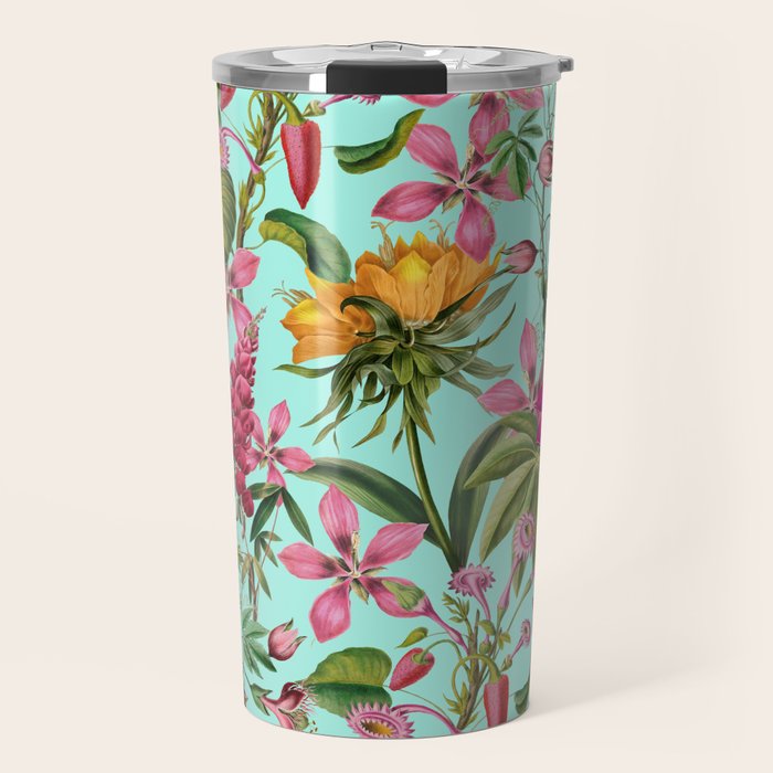 Tropical Bloom Serenade Exotic Floral Pattern Vintage Botanical Vibes Turquoise Travel Mug Gallery Image 1