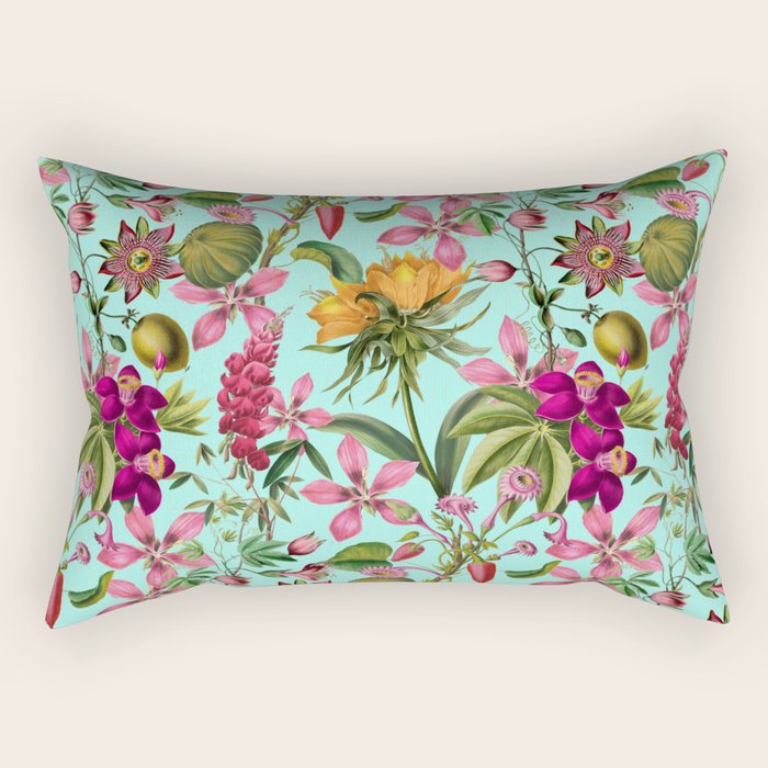 Tropical Bloom Serenade Exotic Floral Pattern Vintage Botanical Vibes Turquoise Rectangular Pillow Gallery Image 2