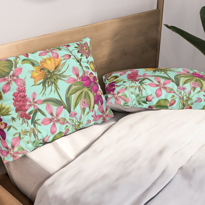 Tropical Bloom Serenade Exotic Floral Pattern Vintage Botanical Vibes Turquoise Pillow Sham Gallery Image 2