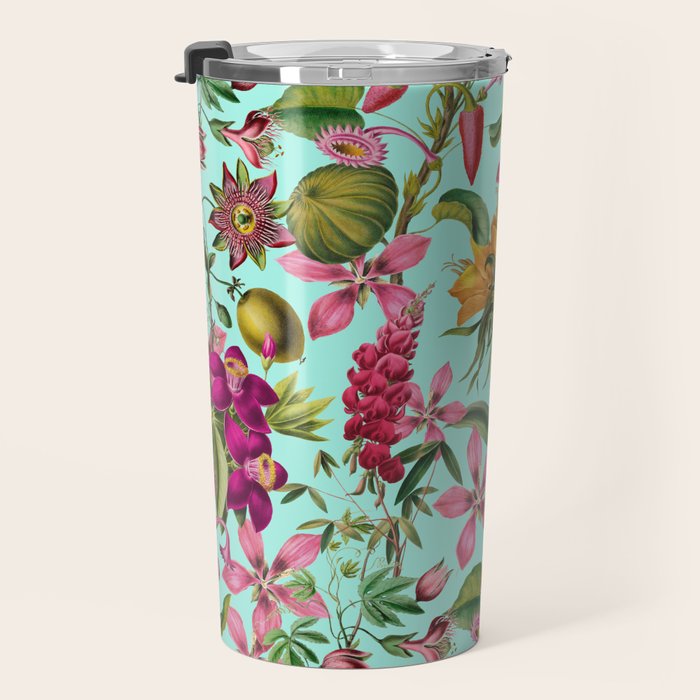 Tropical Bloom Serenade Exotic Floral Pattern Vintage Botanical Vibes Turquoise Travel Mug Gallery Image 3