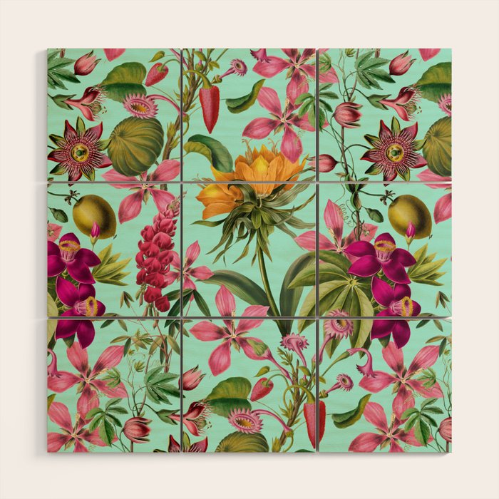Tropical Bloom Serenade Exotic Floral Pattern Vintage Botanical Vibes Turquoise Wood Wall Art Gallery Image 1