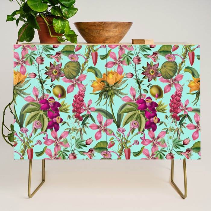 Tropical Bloom Serenade Exotic Floral Pattern Vintage Botanical Vibes Turquoise Credenza Gallery Image 1
