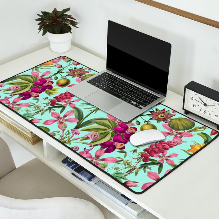 Tropical Bloom Serenade Exotic Floral Pattern Vintage Botanical Vibes Turquoise Desk Mat Gallery Image 2