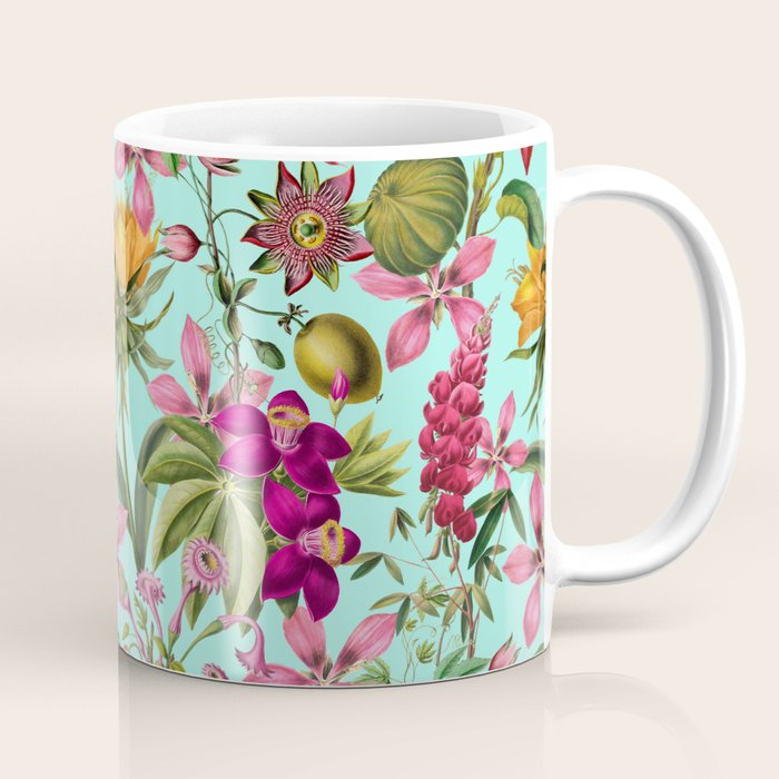 Tropical Bloom Serenade Exotic Floral Pattern Vintage Botanical Vibes Turquoise Coffee Mug Gallery Image 1