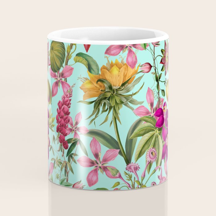 Tropical Bloom Serenade Exotic Floral Pattern Vintage Botanical Vibes Turquoise Coffee Mug Gallery Image 4