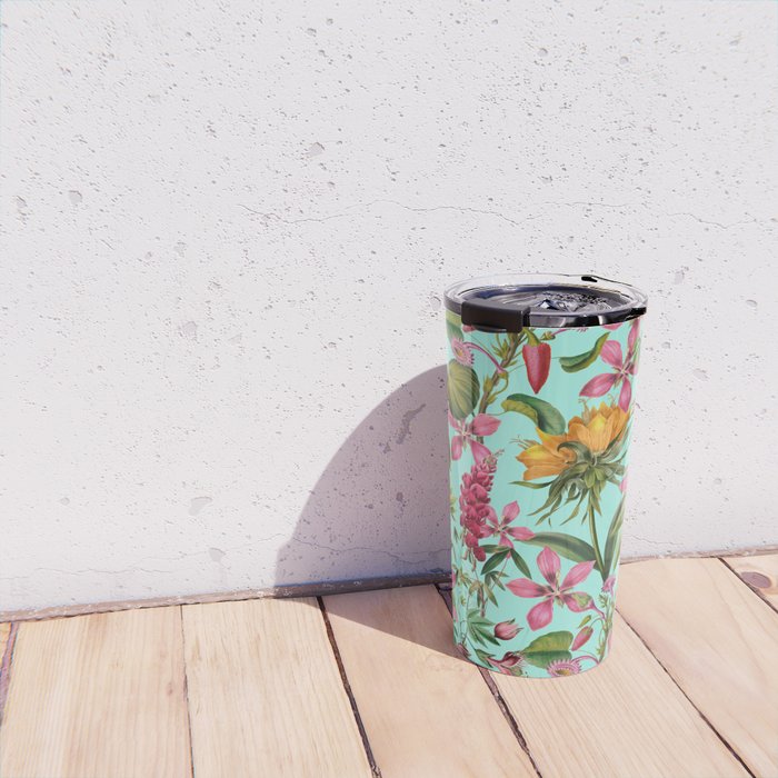 Tropical Bloom Serenade Exotic Floral Pattern Vintage Botanical Vibes Turquoise Travel Mug Gallery Image 4