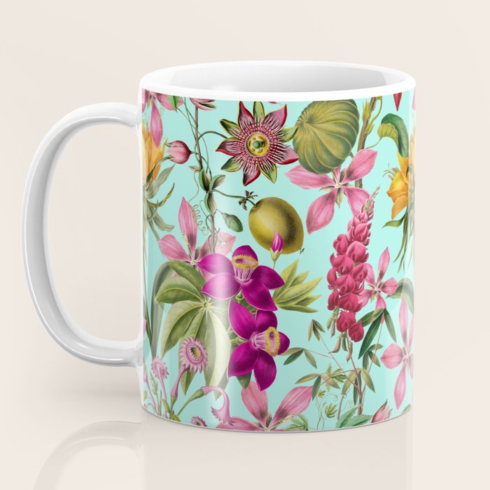 Tropical Bloom Serenade Exotic Floral Pattern Vintage Botanical Vibes Turquoise Coffee Mug Gallery Image 3