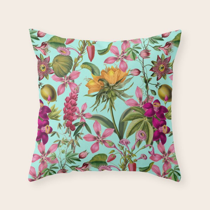 Tropical Bloom Serenade Exotic Floral Pattern Vintage Botanical Vibes Turquoise Throw Pillow Gallery Image 6