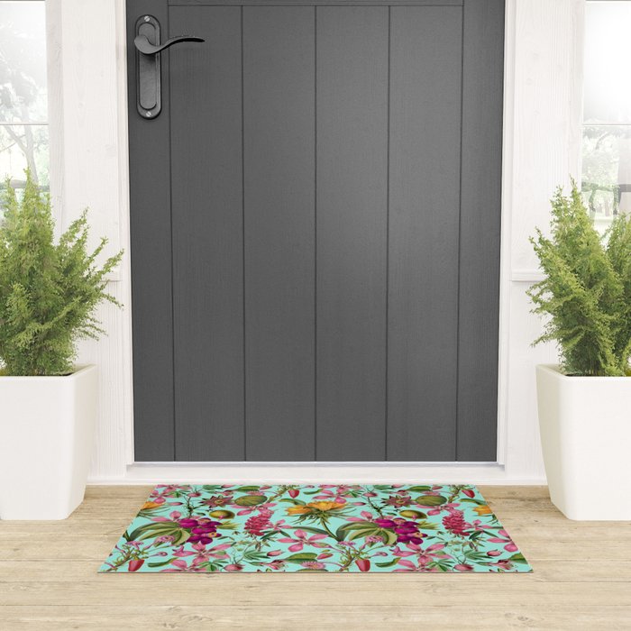 Tropical Bloom Serenade Exotic Floral Pattern Vintage Botanical Vibes Turquoise Welcome Mat Gallery Image 3