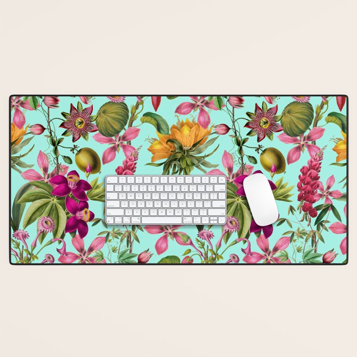 Tropical Bloom Serenade Exotic Floral Pattern Vintage Botanical Vibes Turquoise Desk Mat Gallery Image 1